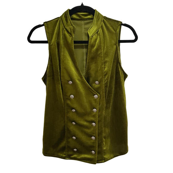 NEW Y2K Boho SZ S Velvet Green Military Double-Breast Button-Up Vintage Vest Top - Picture 4 of 8